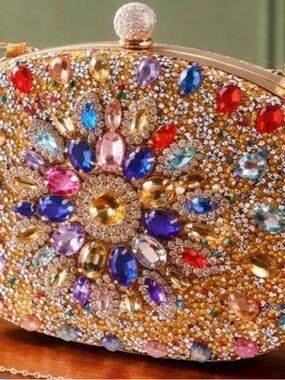 Gold Multicolor Crystal Evening Clutch